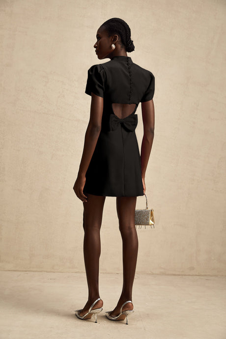 Aurohaya Anna Black Petal-Sleeve Cut-Out Bow Mini Dress
