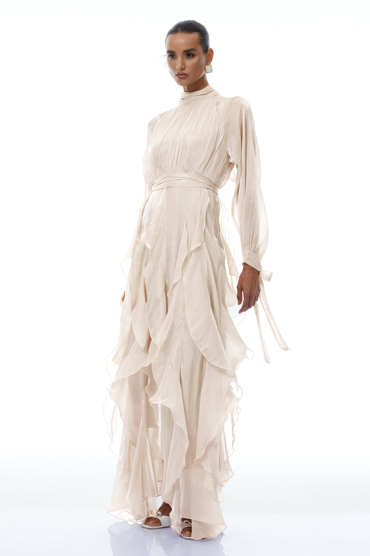 Aurohaya Zélie Neutral Glossy Pleated Ruffled Maxi dress