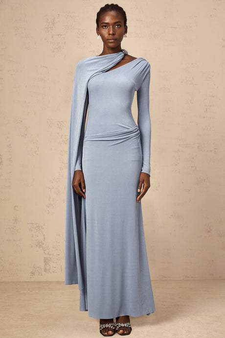 Aurohaya Josette Blue Diagonal Shawl Fitted Maxi Dress