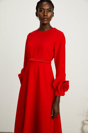 Aurohaya Elysia floral-embellished red long-sleeve dress