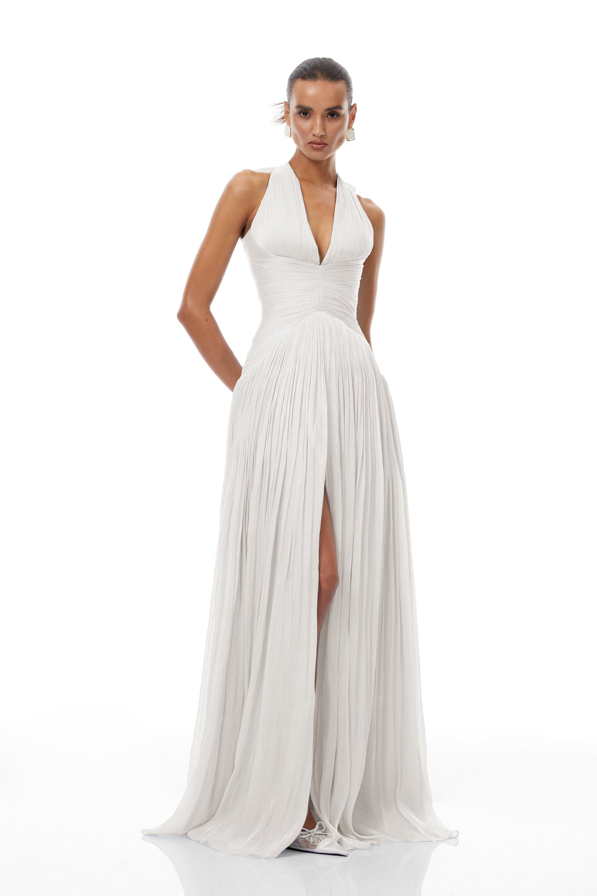 Aurohaya Térébenthine White Glossy Gathered Maxi Dress