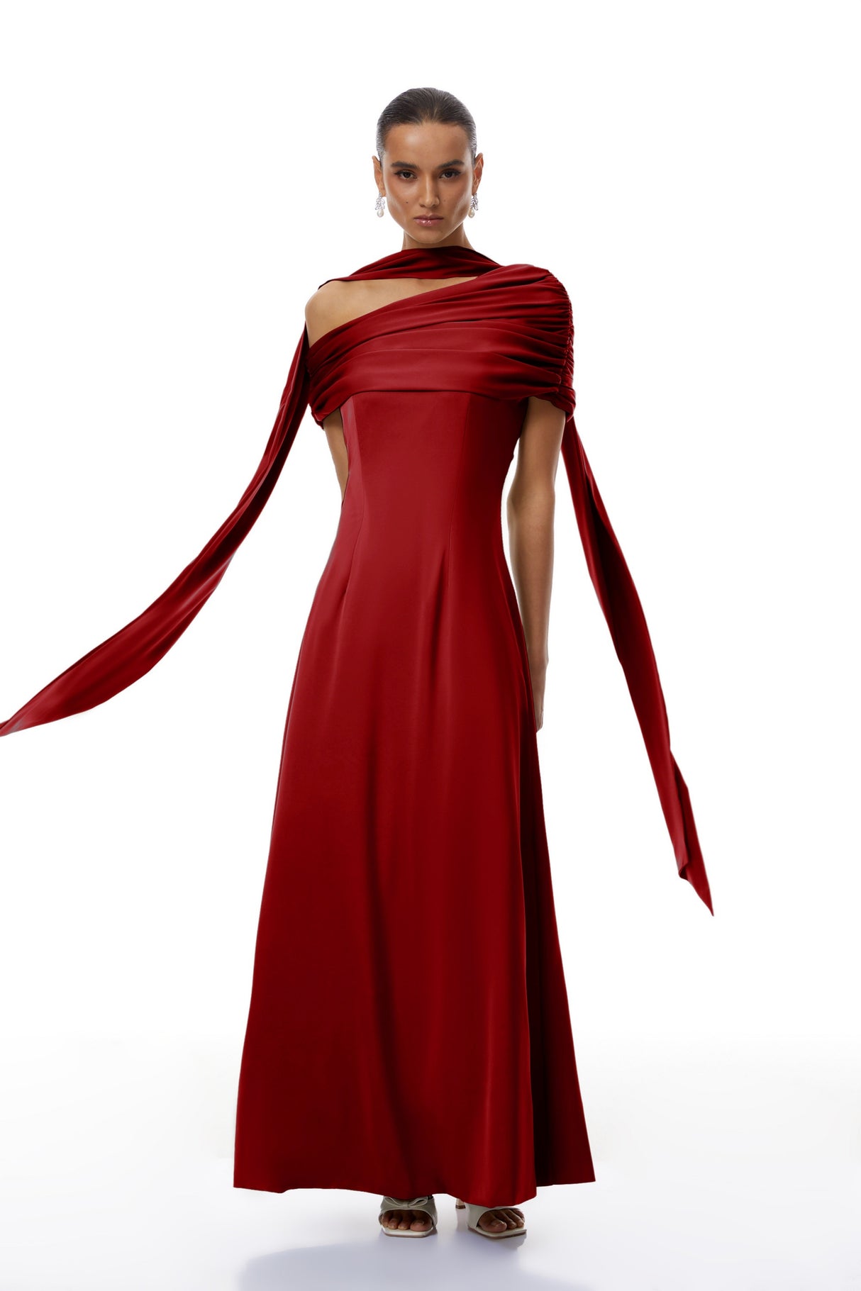 Aurohaya Benedetta Red One Shoulder Satin Maxi Dress