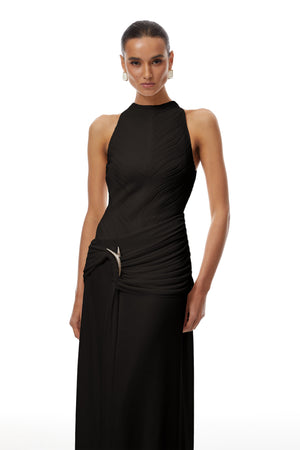 Aurohaya Klara Black Ruched Ribbon Textured Maxi Dress