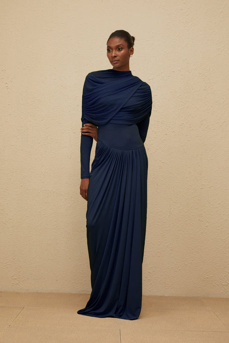 Aurohaya Catherine Navy-Blue Asymmetrical Pleated Long-Sleeve Maxi Dress