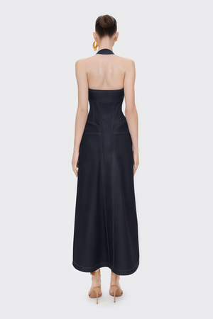 Aurohaya Adrienne black denim front-slit contrast-stitching maxi dress