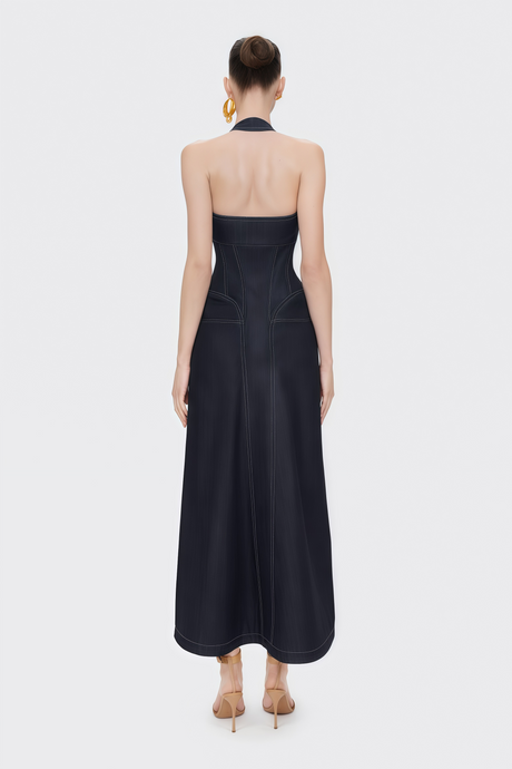 Aurohaya Adrienne black denim front-slit contrast-stitching maxi dress