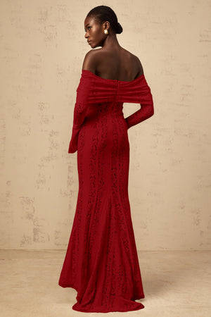 Aurohaya Émeline floral lace train-design maxi dress in Red