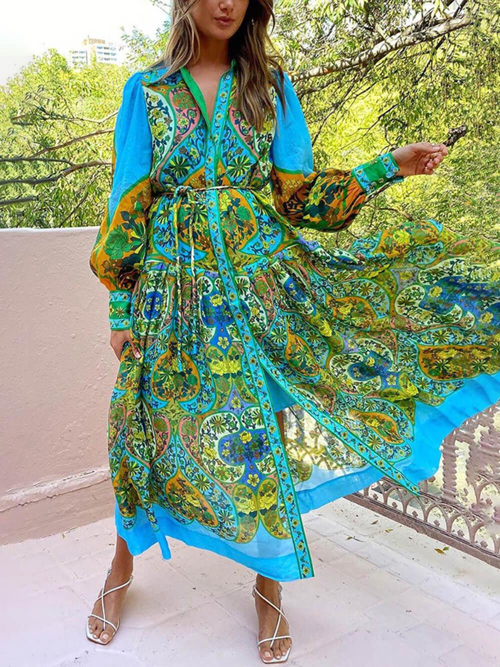 Aurohaya Ethnic Print Cardigan Lace-Up Lapel Long-Sleeved Dress
