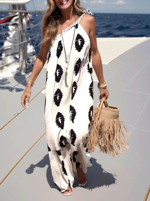 Aurohaya Sunshine Ethnic Print One Shoulder Loose Maxi Dress