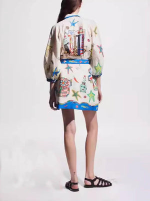 Aurohaya Temperament Peplum Printed Cardigan Dress