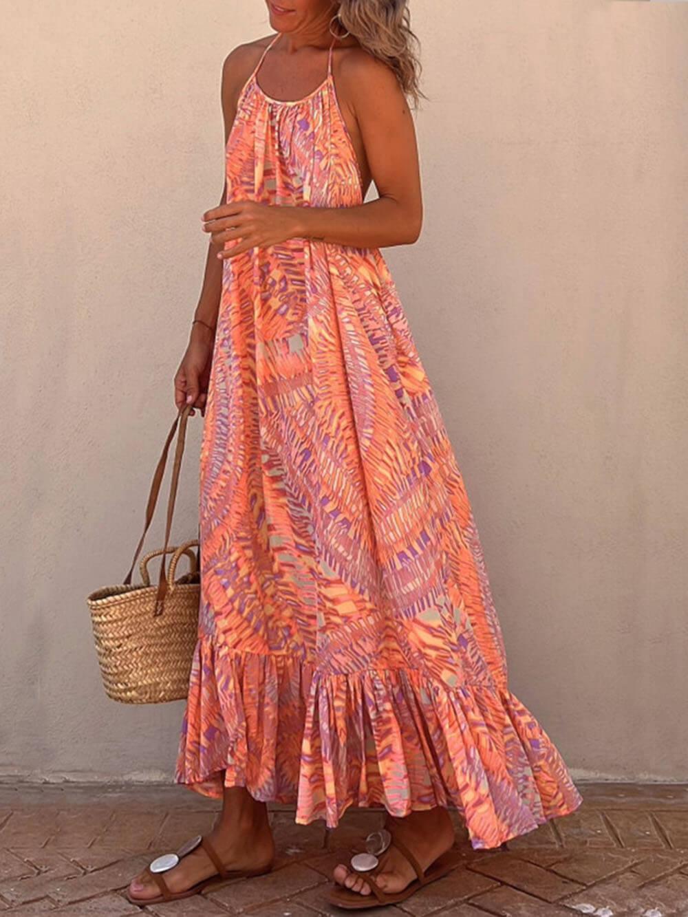 Aurohaya Golden Times Ethnic Print A-line Vacation Maxi Dress Multicolor