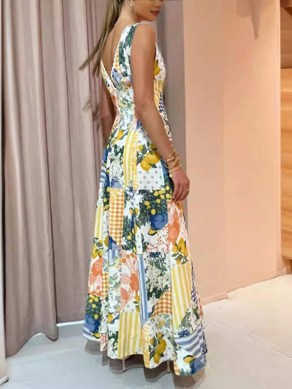 Aurohaya Casual Printed Sleeveless Large V-Neck Dress