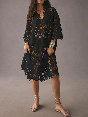 Aurohaya Lace Cover Up Beach Midi Dress Black One size