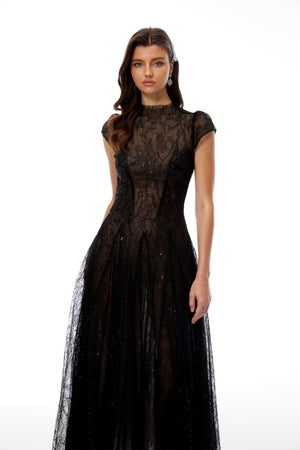 Aurohaya Velia Black Lace Glitter Tulle Maxi Gown