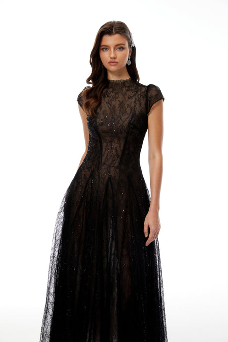 Aurohaya Velia Black Lace Glitter Tulle Maxi Gown