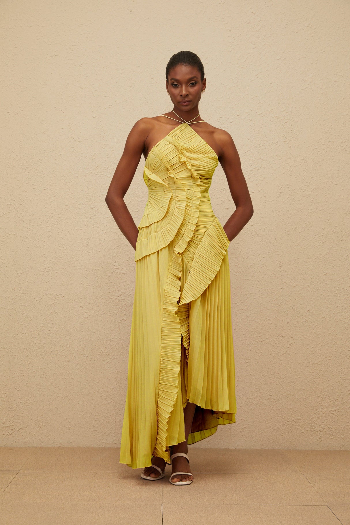 Aurohaya Doux Yellow Ruffled Trim Pleated Midi Dress