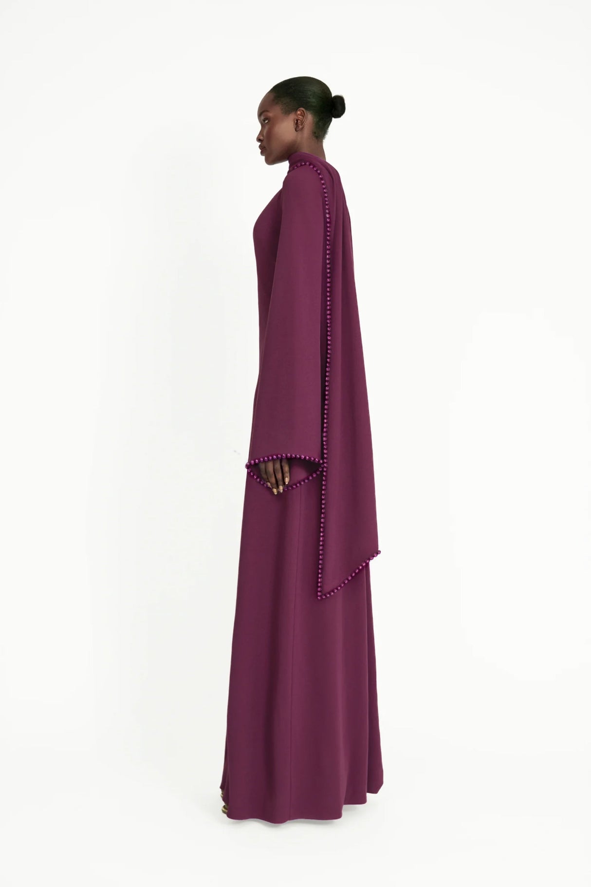 Aurohaya Piroska Purple Pearl Trim Shawl Detail Maxi Dress