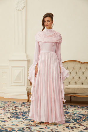 Aurohaya Danuta Pink Ruched Pleated Maxi Dress