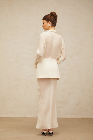 Aurohaya Gisèle white panelled semi-sheer maxi dress
