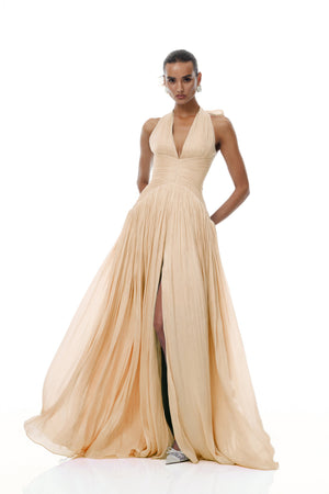 Aurohaya Térébenthine Neutral Glossy Gathered Maxi Dress