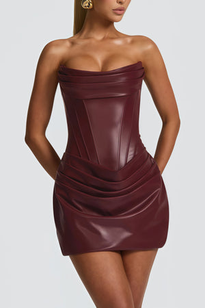 Aurohaya Agnes Brown Ruched Leather Bodycon Mini Dress