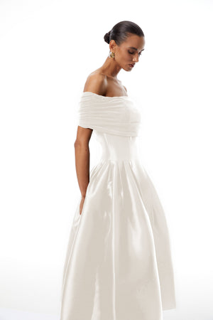 Aurohaya Ainara White Off Shoulder Polished Midi Dress