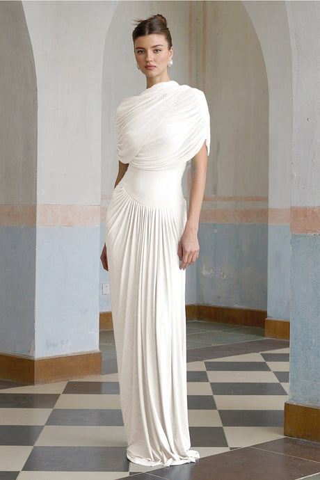 Aurohaya Catherine White Asymmetrical Pleated Maxi Dress