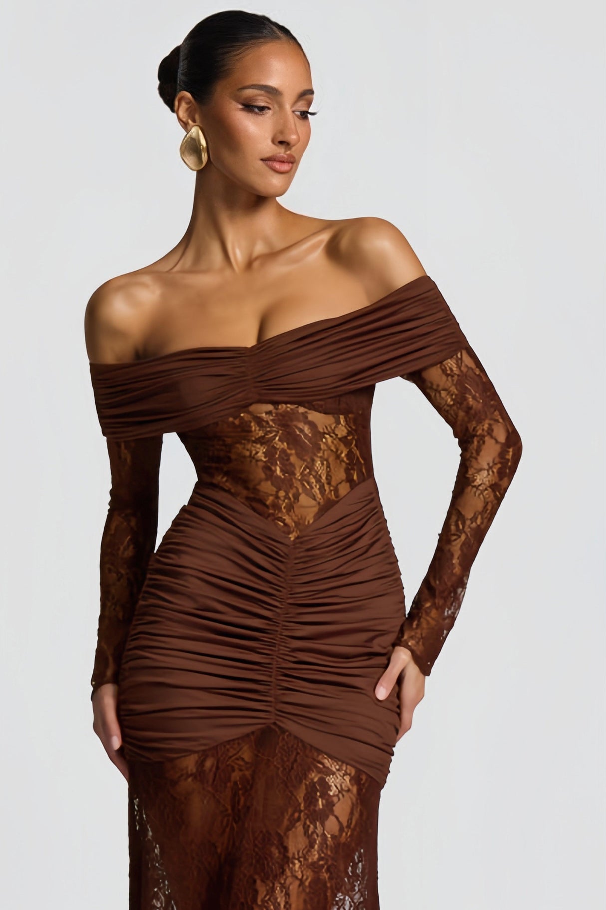 Aurohaya Brigitte Brown Lace Panel Ruched Maxi Dress