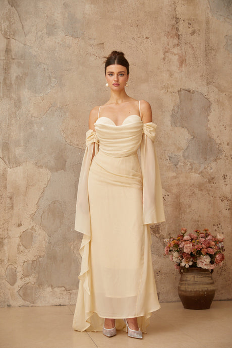 Aurohaya Mélusine Neutral Ruched Chiffon Maxi Dress