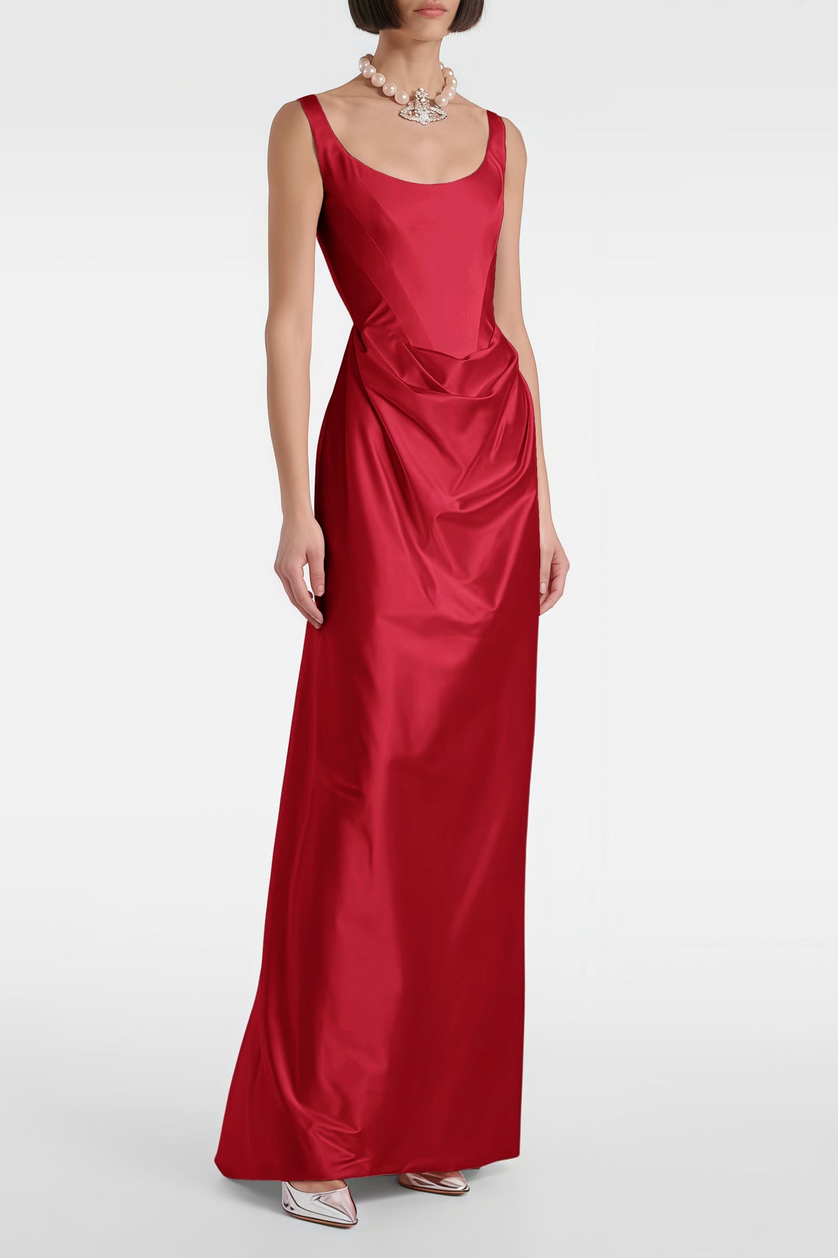 Aurohaya Fiona Red Satin Square Neck Maxi Dress