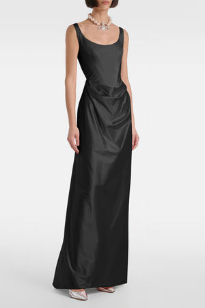 Aurohaya Fiona Black Satin Square Neck Maxi Dress