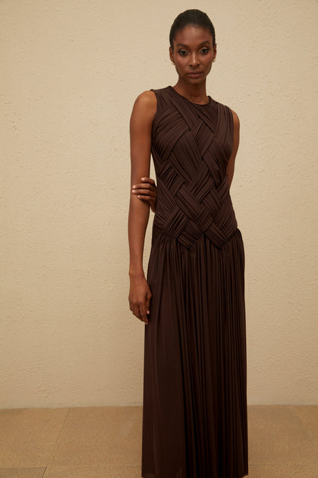 Aurohaya Daphné Brown Asymmetrical Braided Tulle Midi Dress