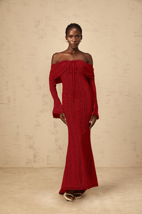 Aurohaya Émeline floral lace train-design maxi dress in Red