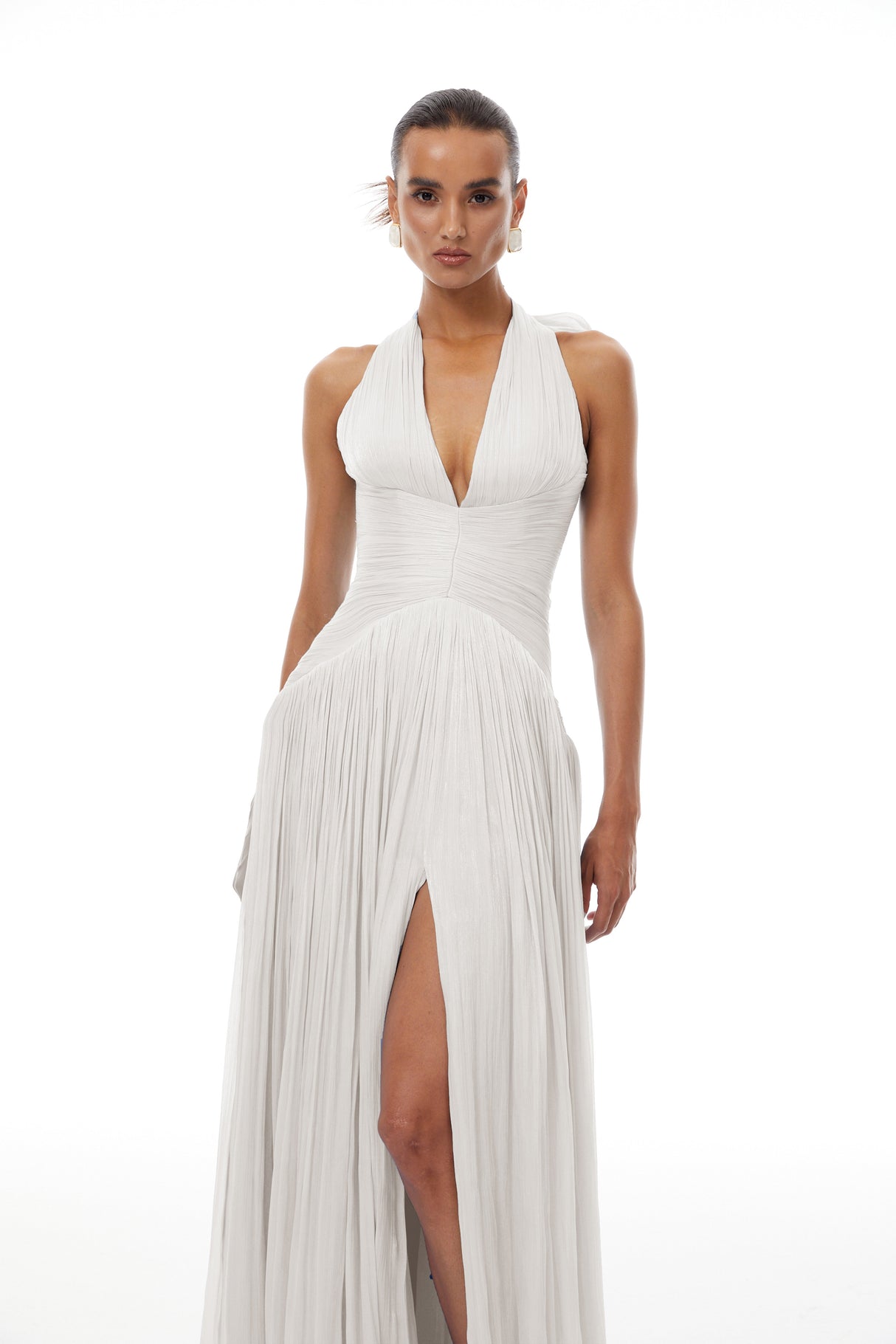 Aurohaya Térébenthine White Glossy Gathered Maxi Dress