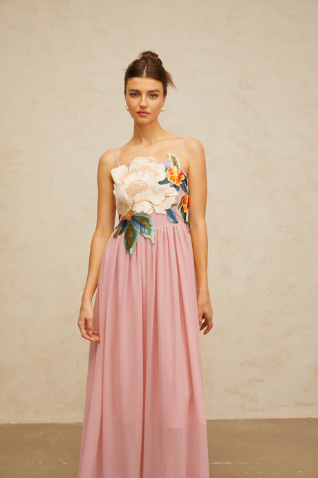 Aurohaya Josette floral-embroidered shirred maxi dress in Pink