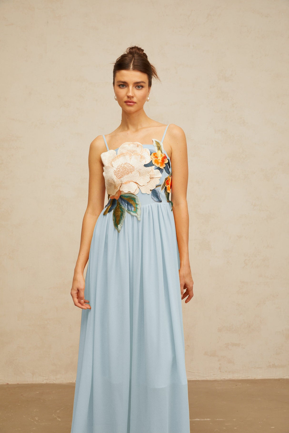 Aurohaya Josette floral-embroidered shirred maxi dress in Blue