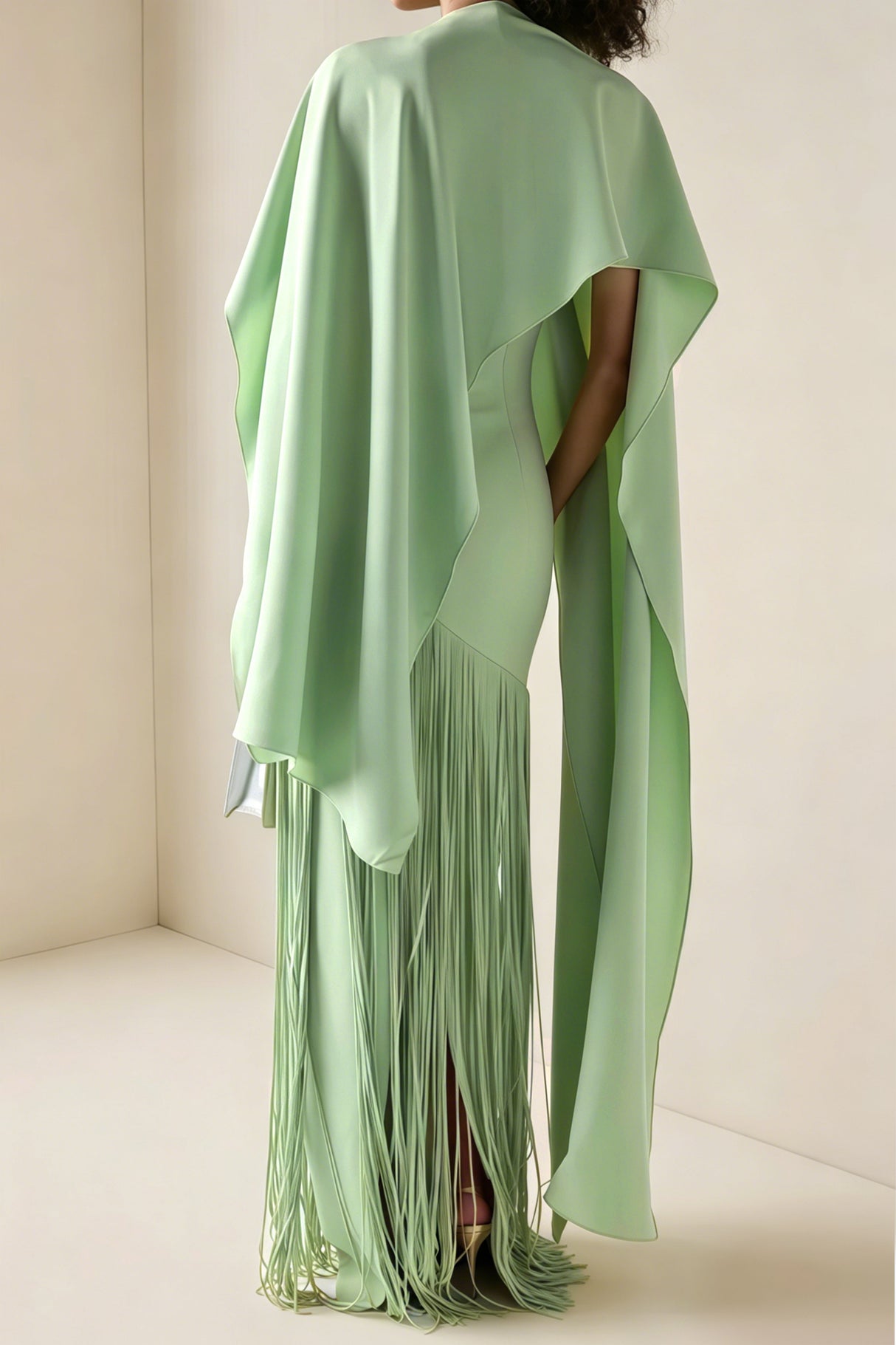 Aurohaya Cayetana Emerald Green Fringe Maxi Dress with Cape Effect