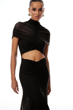 Aurohaya Bruna Cut-Out Ruched Mesh Maxi Dress