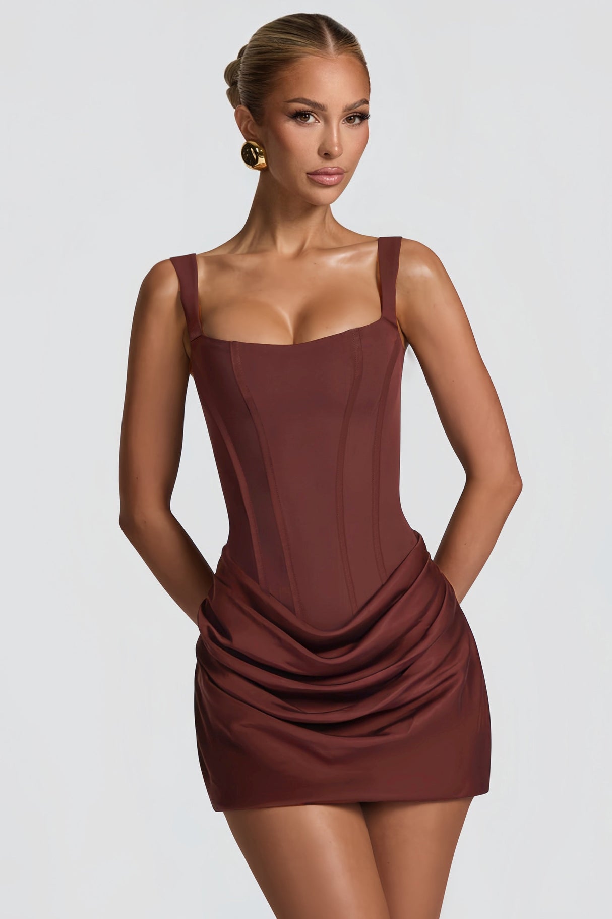 Aurohaya Paulette Brown Ruched Bodycon Mini Dress