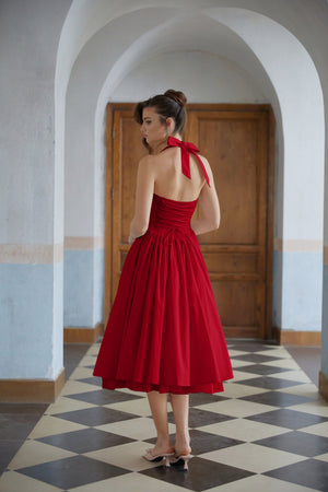 Aurohaya Eponine Red Layered Flared Hem Midi Dress