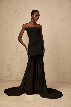 Aurohaya Josiane Black Off-shoulder Sheer Tulle Maxi Dress