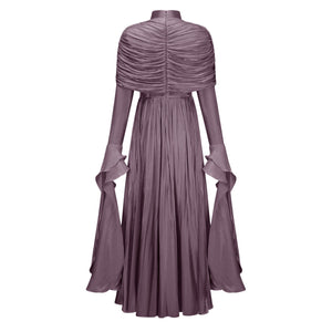 Aurohaya Gustave Purple Ruched Cape Ruffled Maxi Dress