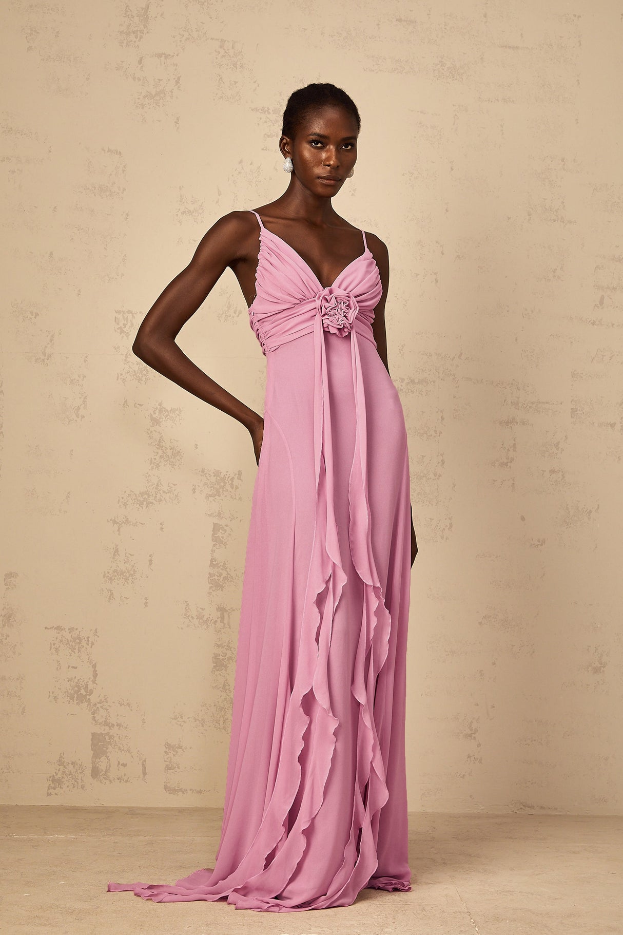 Aurohaya Ysandre Rose-Pink 3D Petal Tulle Maxi Dress