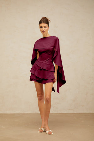 Aurohaya Lyna shawl-panel ruffled satin mini dress in Red