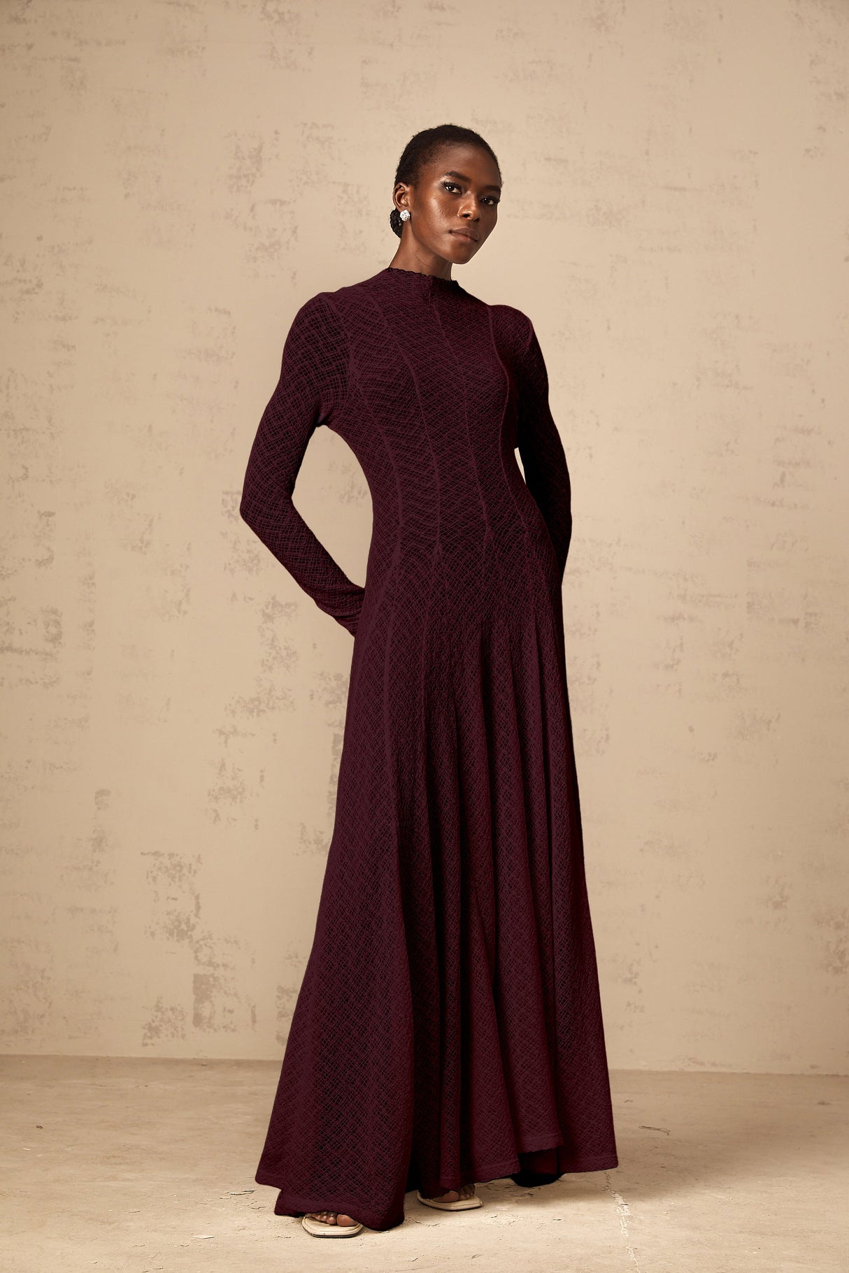 Aurohaya Athena wavy-pattern lace maxi dress in Red