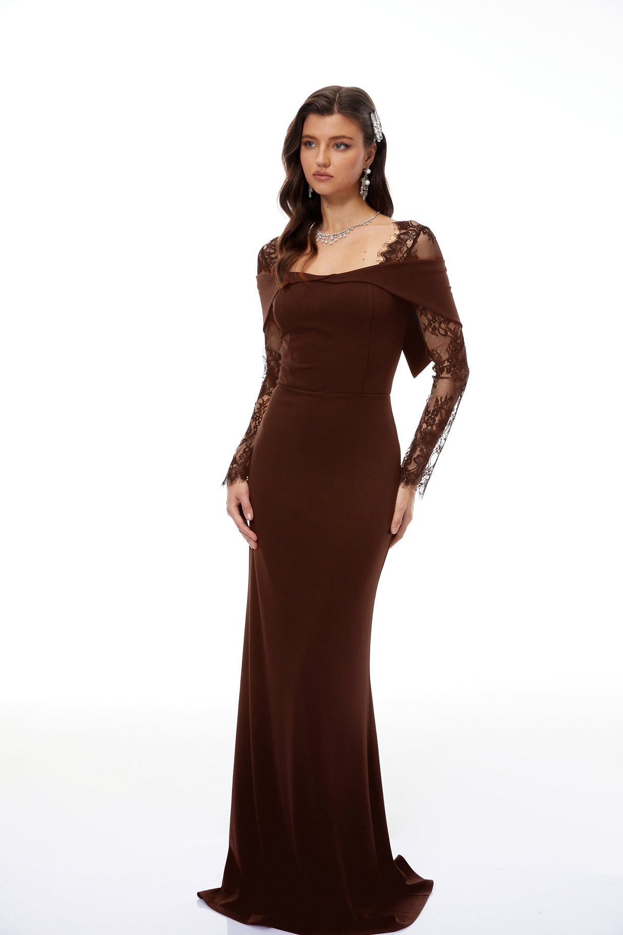 Aurohaya Georgiana Brown Lace Panel Flared Maxi Gown