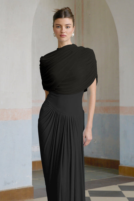 Aurohaya Catherine Black Asymmetrical Pleated Maxi Dress