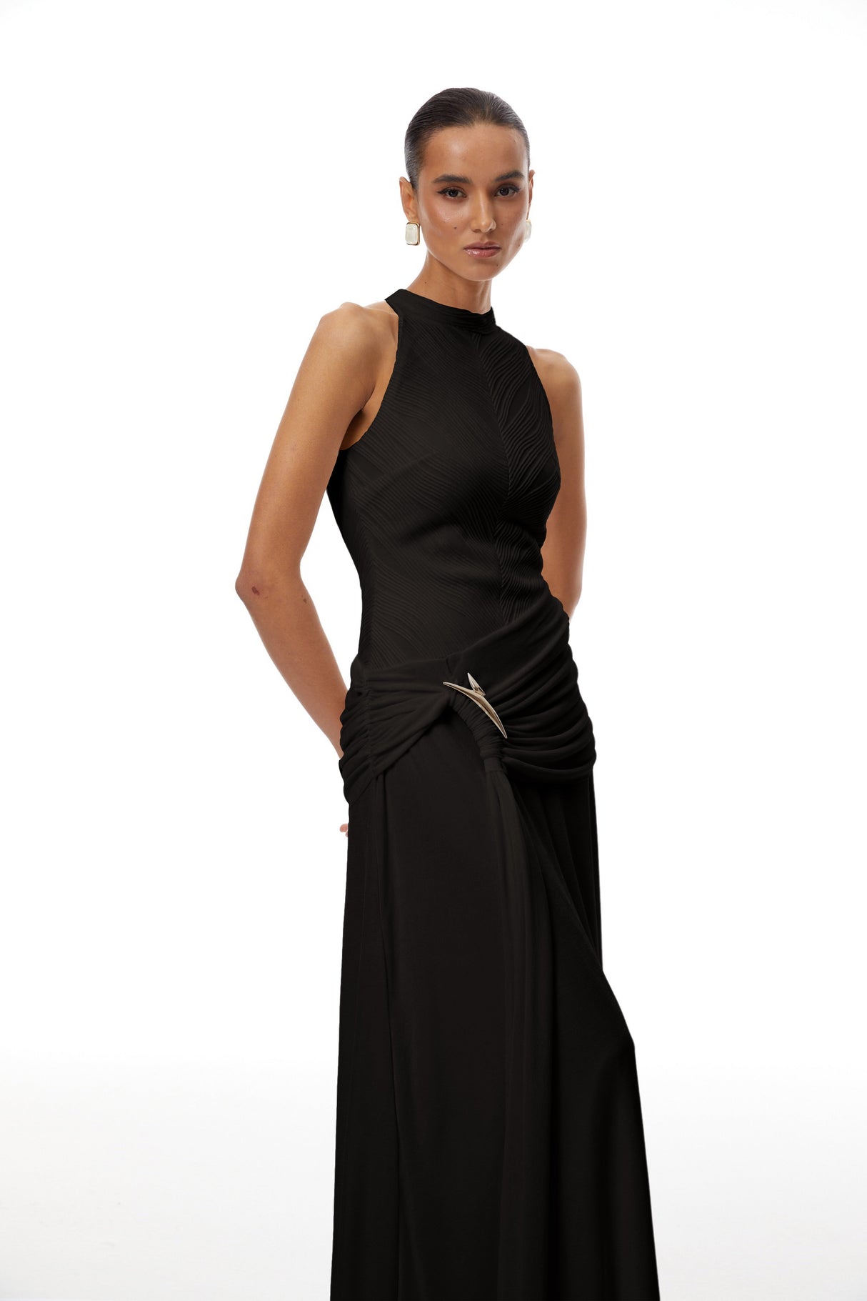 Aurohaya Klara Black Ruched Ribbon Textured Maxi Dress