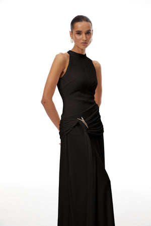 Aurohaya Klara Black Ruched Ribbon Textured Maxi Dress