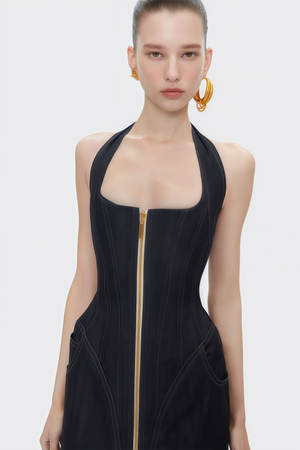 Aurohaya Adrienne black denim front-slit contrast-stitching maxi dress